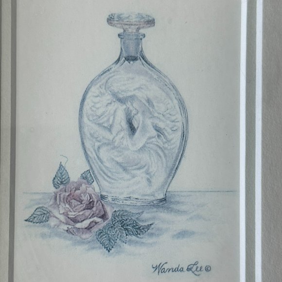 Vintage Wanda Lee Set of 2 Miniature Wood Framed Illustrated Perfume Bottles - Picture 3 of 14